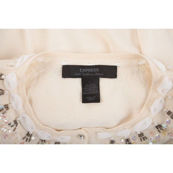 Express Womens Cardigan Sweater L Ivory Beaded Sequin silk Cashmere Vintage Y2K - Picture 6 of 6